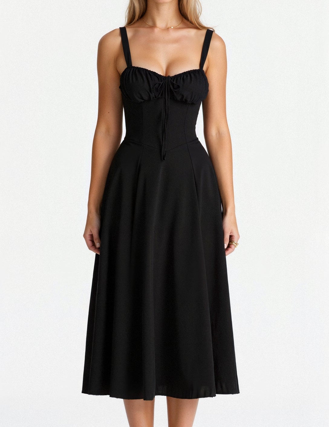 Isabeau Renard | Corset Midi Dress – Tailored Waist and Flowing Skirt