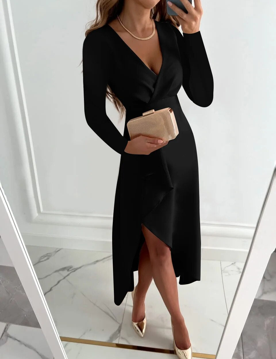 Seraphina Vale | Elegant V-Neck Sheath Midi Dress with Slit Design