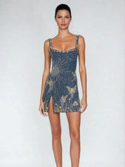 Juliette Beaumont | Shimmering Starry Mini Dress – Sparkle Detail, Sleeveless, Slit Detail