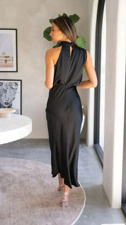 Natalia VanCourt | Women’s Elegant Halter Midi Dress – Draped Neckline with Fluid Silhouette