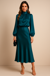 Genevieve Whitmore | Women’s High Neck Midi Dress – Elegant High Waist Silhouette